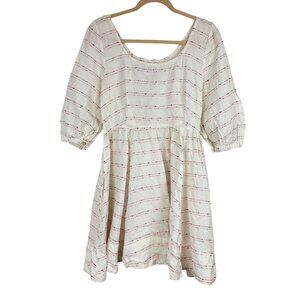 Son De Flor L 100% Linen Babydoll Dress Ivory 3/4 Puff Sleeve Cottagecore